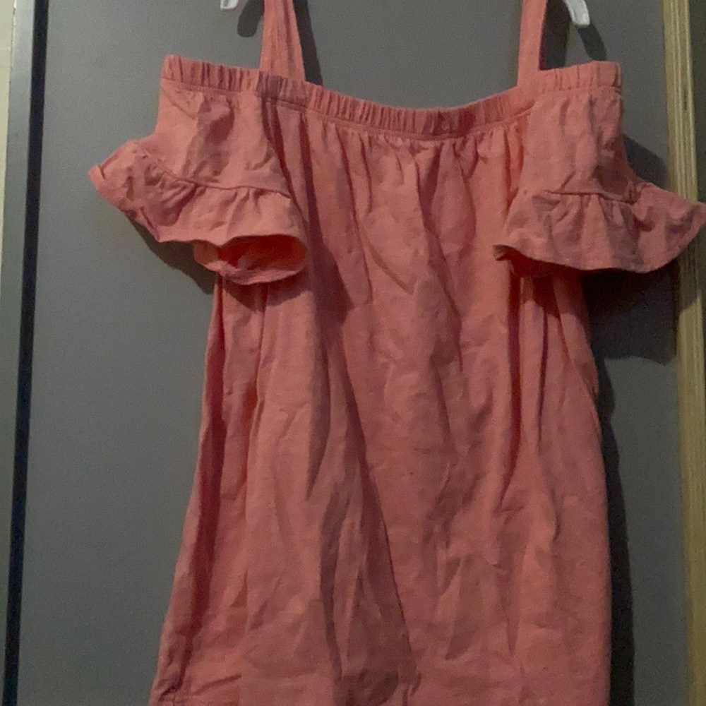 Coral shoulder out ruffle sleeve shirt